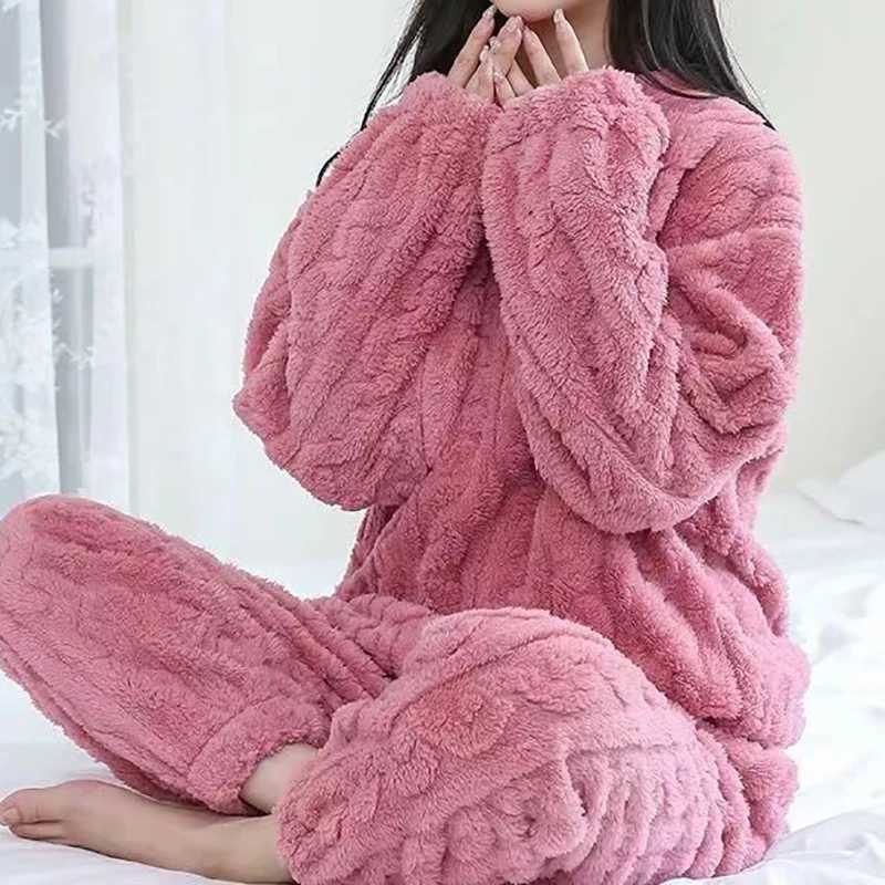 Autumn Winter Women Solid Warm 2 Piece Sets Thicken Velvet Ribbed Fleece Set Pullover And Pants Women Casual Pajama Sets Z250925