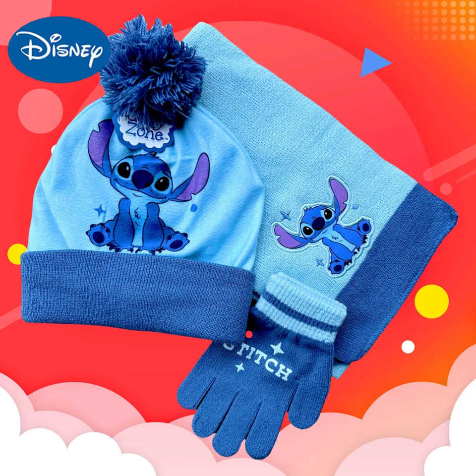 Disney 3pcsSet Stitch Autumn Winter Kids Hat Pinstripe Stitch Cartoon Scarf Hat Glove Warm Knitted Hat Boy Girl Christmas Hat H250926