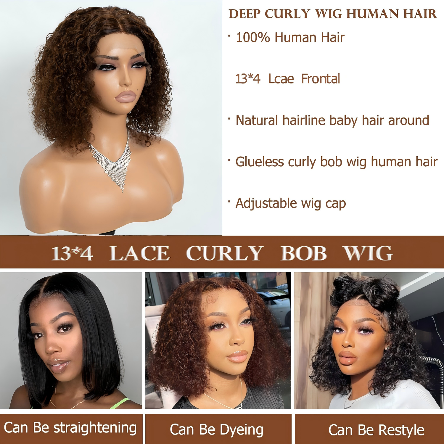 Chocolate Brown Bob Wig Human Hair 13x4 Deep Curly Wave Lace Frontal 4# Colored 180 Density Short Wigs for Women Pre Plucked with Baby Hair Natural Ha