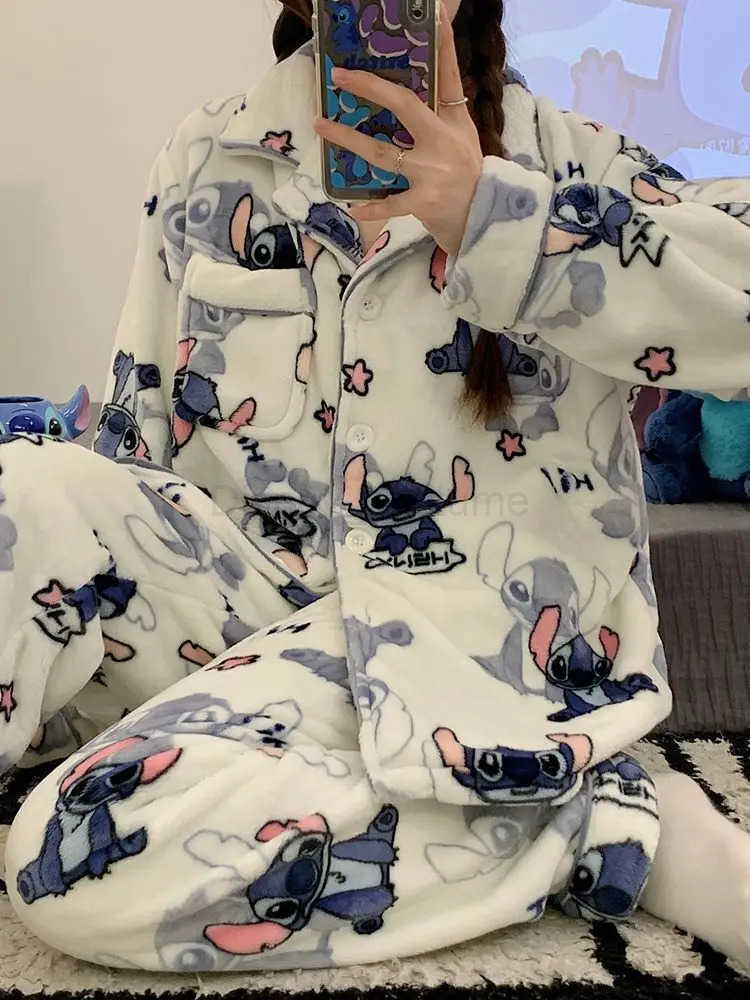 Disney New Stitchthemed Plush Fluffy Sleepwear Pajamas Womens Autumn and Winter Flannel Thickened and Velvet Home Casual 2 Pcs Set H250926