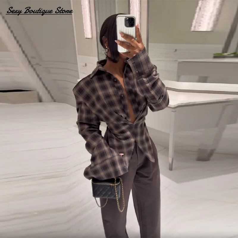 Womens Vintage Classic Plaid Shirt Lapel Long Sleeve Slim Fit Top Single Breasted Crop Blouse 2025 Lady Fashion Streetwear 250922