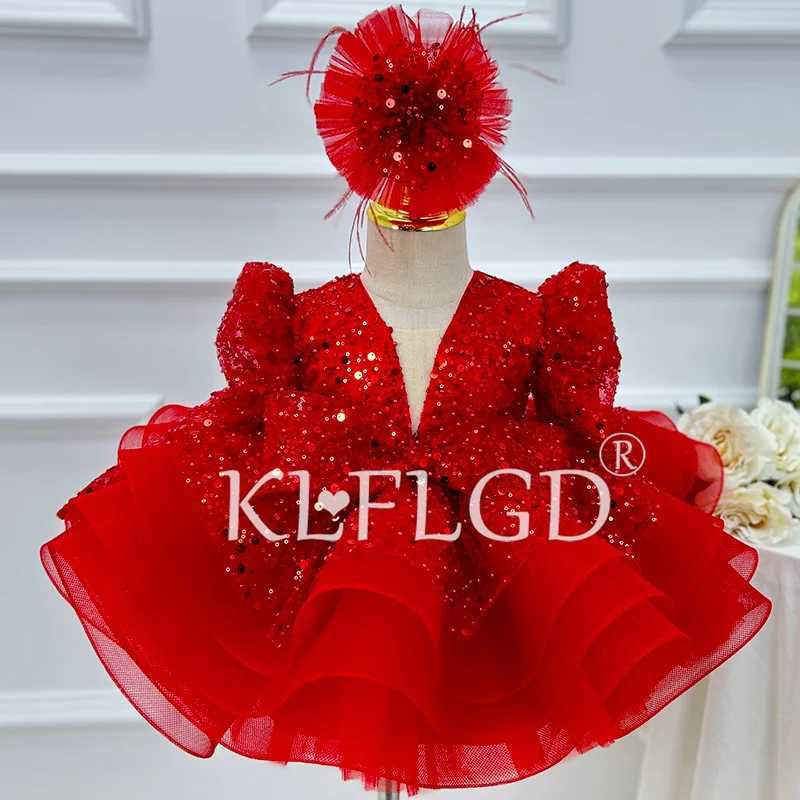 KLFLGD Red sequin dress flower girl Vneck long sleeved gorgeous wedding dress formal first time girl Christmas costume Z250926