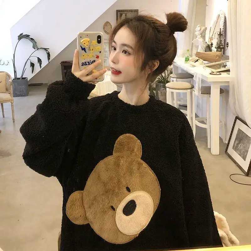 Women Autumn Winter Two Pieces Sets Warm Flannel Homewear Thickened Trousers Longsleeved Pajama Coral Oneck Loose Cute Cartoon Z250925