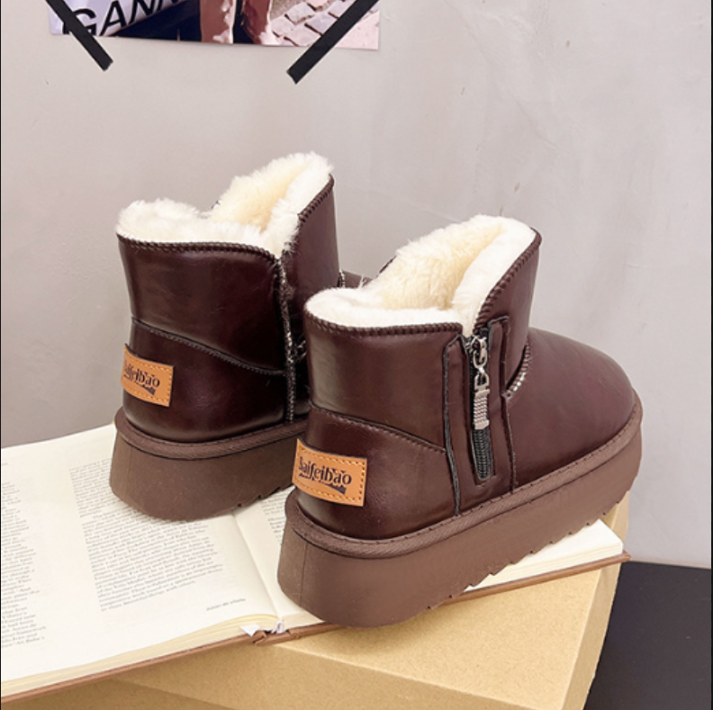 Women's thick soled side zipper snow boots anti slip new winter with plush and thick comfortable fashion cotton boots outdoor travel cotton shoes