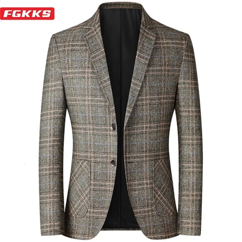 FGKKS Spring Autumn Blazers Men Slim Fit British Plaid Formal Suit Jacket Party Wedding Business Casual Blazers Male 240819