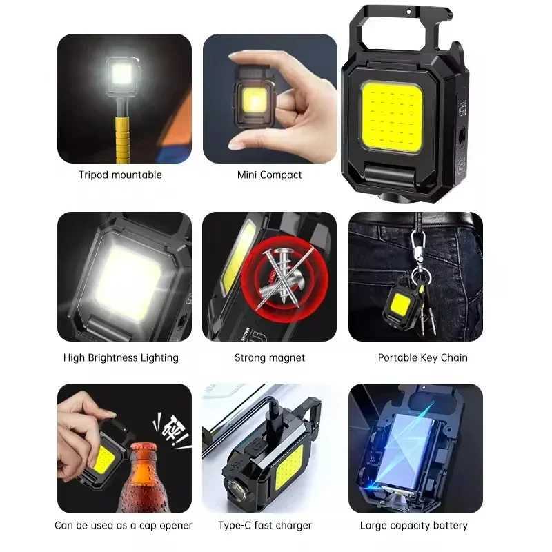 COB Work Light USB Rechargeable Lamp Flashlight Mini Keychain Light with 90 Foldable Side Lights Super Bright Portable Lanterns C250925