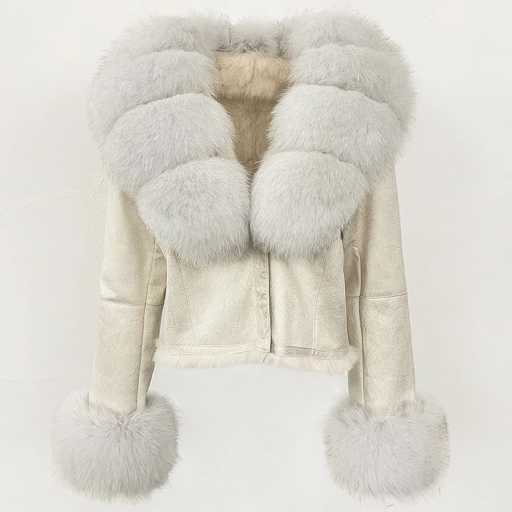 MENINA Fashion Short Autumn Winter Fur Clothing Real Rabbit Fur Liner Suede Jacket Women Natural Fox Fur Collar Coat Female 250917
