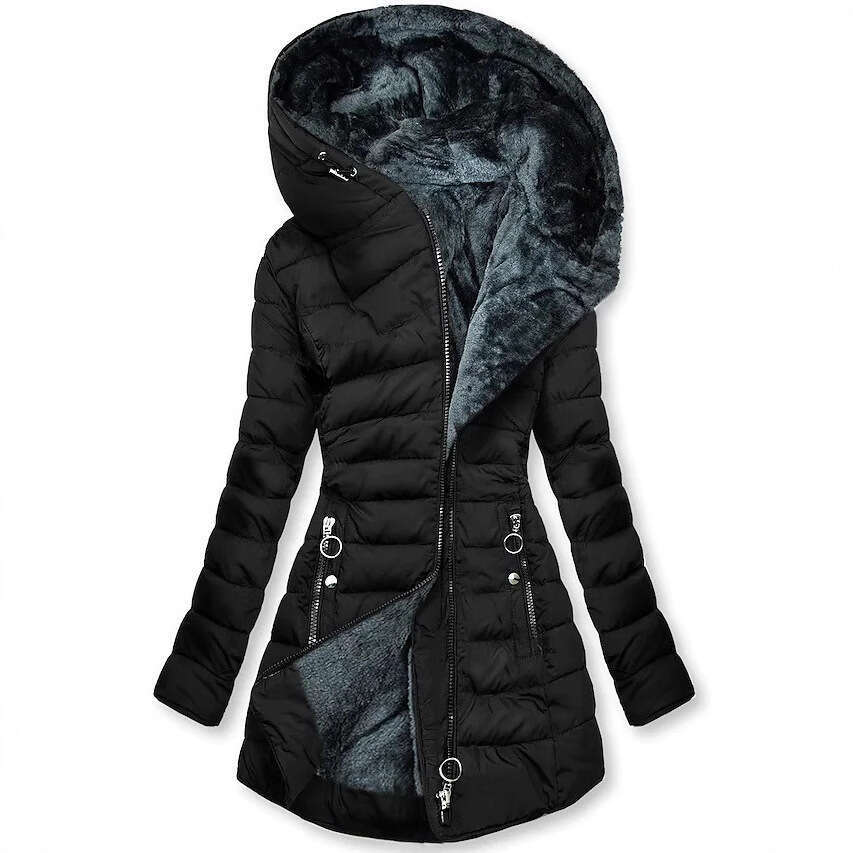 Winter Warm Fur Collar Jacket for Women with Zipper Long Sleeve Slim Fit Cotton Coat Hooded Overcoat 9060