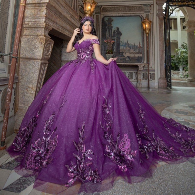 Purple Shiny Quinceanera Dresses Off The Shoulder Applique Lace Beading Crystal Corset Tull Party Birthday Sweet 16 Dress Vestidos 15 De Anos