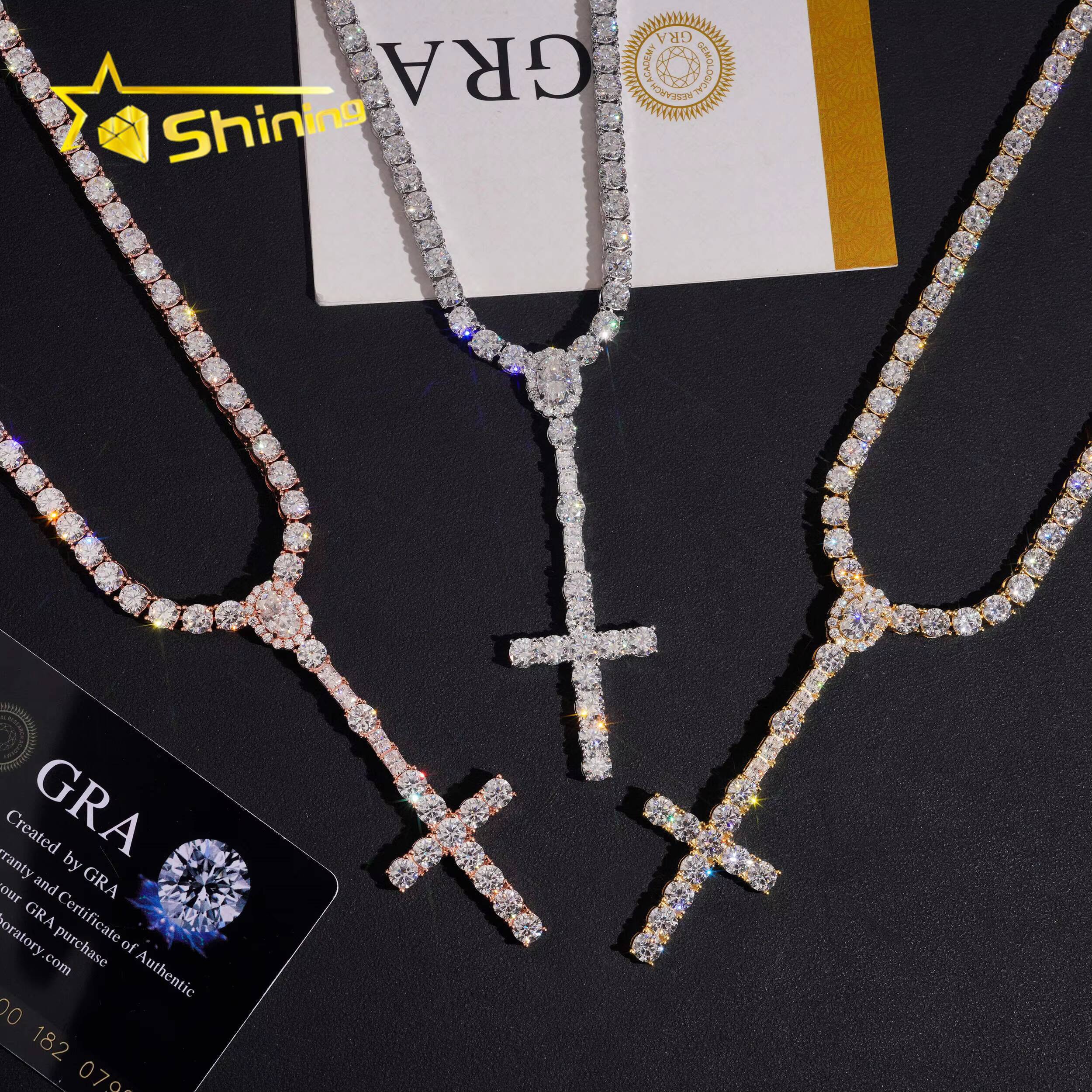 Hot Sale 5mm Moissanite Tennis Chain Necklace 925 Sterling Silver Gold Plated Pass Diamond Test Moissanite Cross Charm Necklace