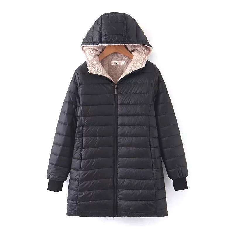 Autumn Winter New Fleece-Lined Hooded Jacket for Women, European and American Style, Student Lamb Wool Coat, Mid-Length Cotton Jacket, Small Trendy Co