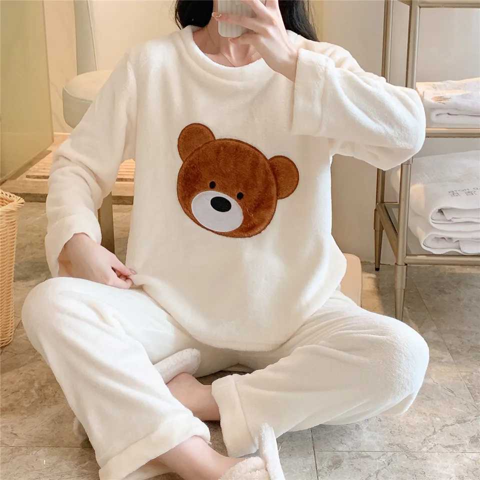 Winter New Flannel Warm Pajamas for Wome Thickening Round Neck Long Sleeve Outfits for Women 2 Piece Set Cute Printing Home Wear Z250925