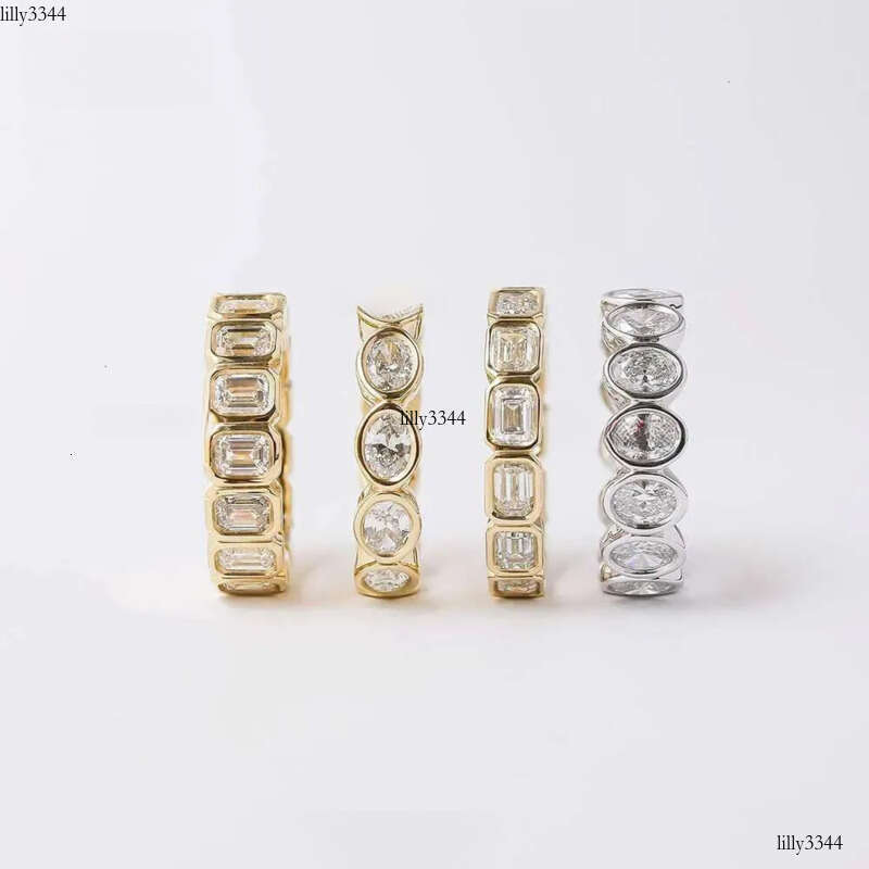 Luster Unique Wedding Eternity Band Sier 14k Gold Bezel Set 3x5mm Emerald Cut Moissanite Oval Ring for Women aaa