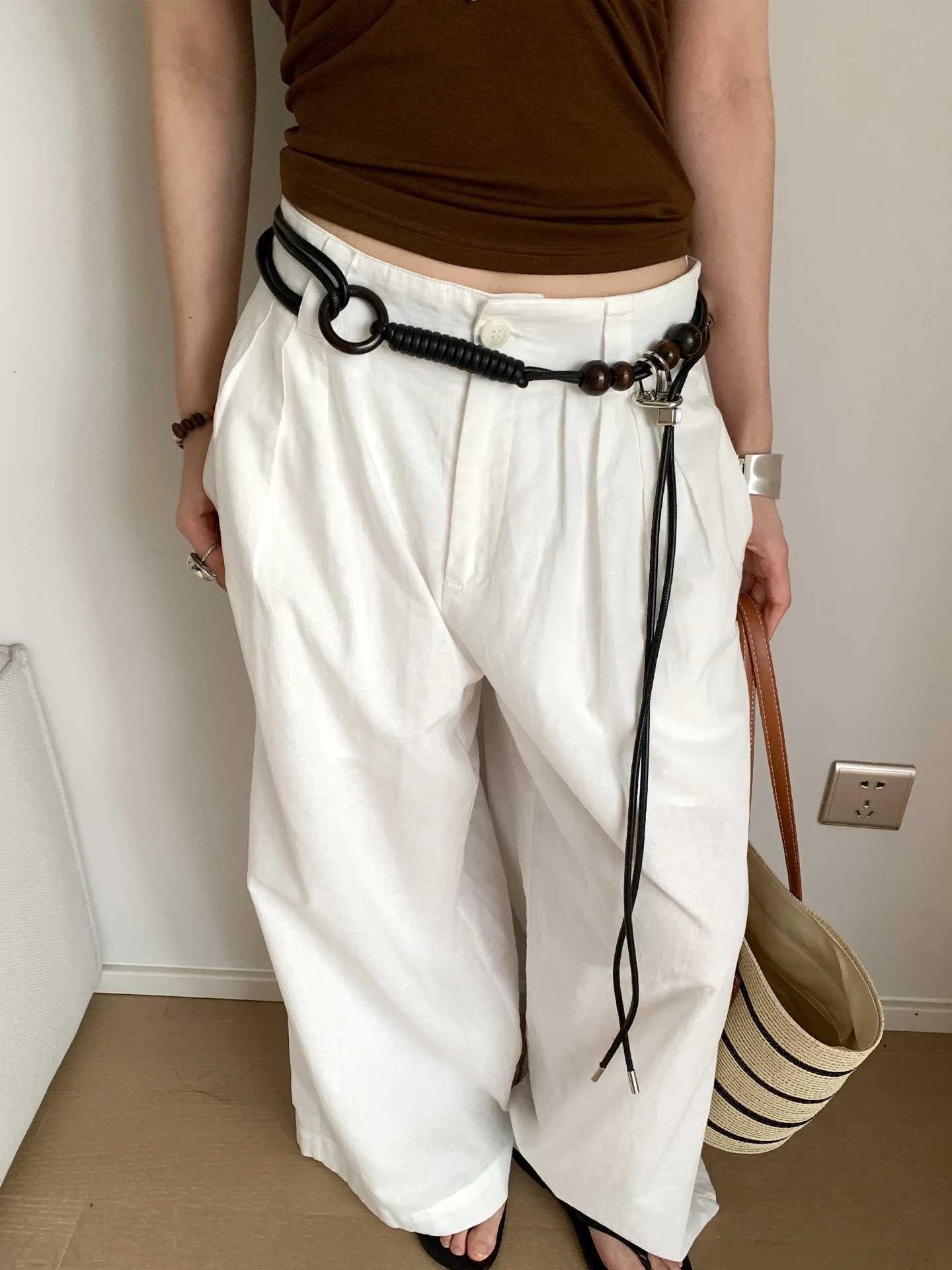 Fashionable Wooden Beads Belt With Artistic Knots For Women New Style Niche Slimming And Versatile Leather Belt L250926