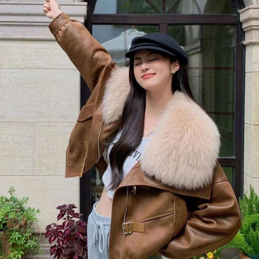 2025 Winter New Imitation Fox Fur Grass Women's Korean Edition Motorcycle Warm Thick Down Coat Female Parker Short Top