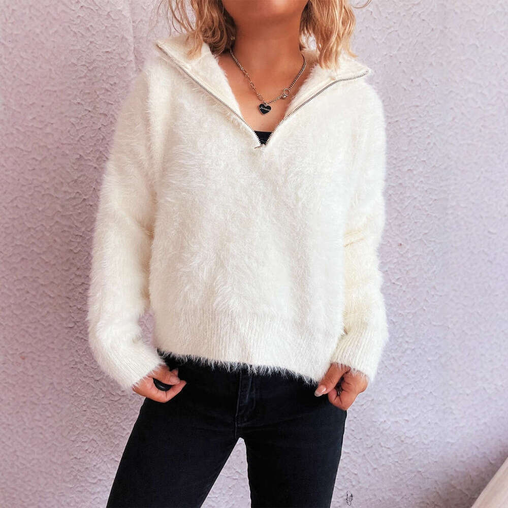 Solid Color Short Casual Turn-Down Collar Half-Zip Knitted Top Commuter Fashion Women's Sweater