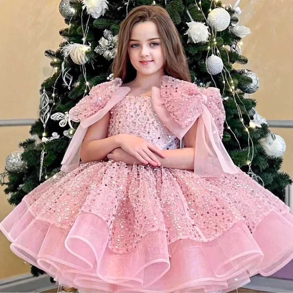 Sequin Flower Girl Dress Sparkly Tulle Princess Gown With Bow Cape Kids Girls Clothes First Communion Formal Occasion Birthday Z250926