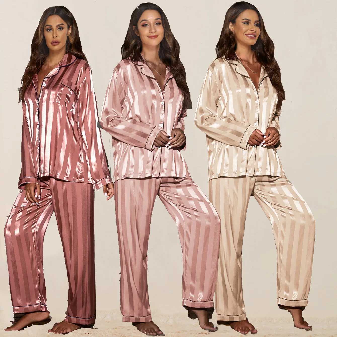 Stripe Long Sleeve Trouser Pijamas Suit Women 2PCS Pajamas Set Sleepwear Spring Summer Satin Nightwear Loose Homewear Loungewear Z250925