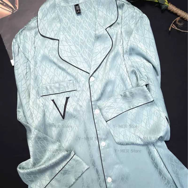 Green Print Pajamas Set Long Sleeve Sleepwear Women Luxury Rayon Home Clothes V Letter Loungewear Pijama Mujer 2Pcs Nightwear Z250925