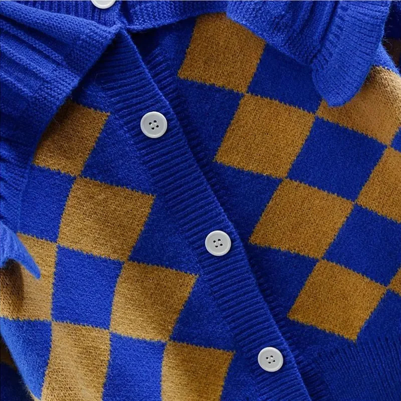 Diamond Plaid Ruffles Acrylic Knitted Peter pan Collar Womens Cardigan Single Breasted Sweater Cardigan For Women Clothing 250922