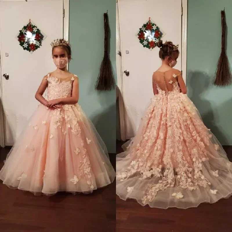 Light Pink Tulle Flower Girl Dresses Half Sleeve with Bow Princess Gowns for Wedding Birthday Party Banquet Kids Formal Dres Z250926