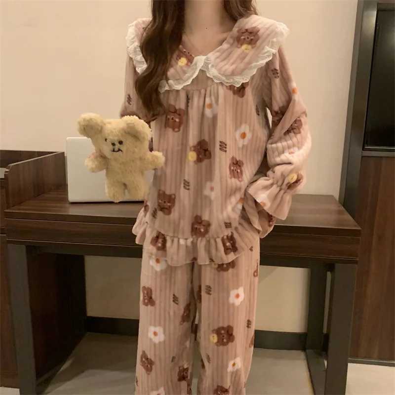 Warm Sleepwear Small Bear Peach Coral Velvet TwoPiece Set Women Pajamas Autumn and Winter Thickening Home Wear School Sleepwear Z250925