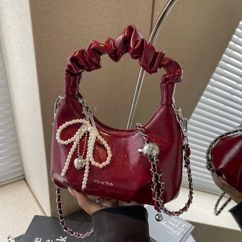 Hot Y2K New Underarm Bags for Women Pleated Handle Design Ladies Pearl Bow Handbag Adjustable Strap Shoulder Crossbody Bag Z250926