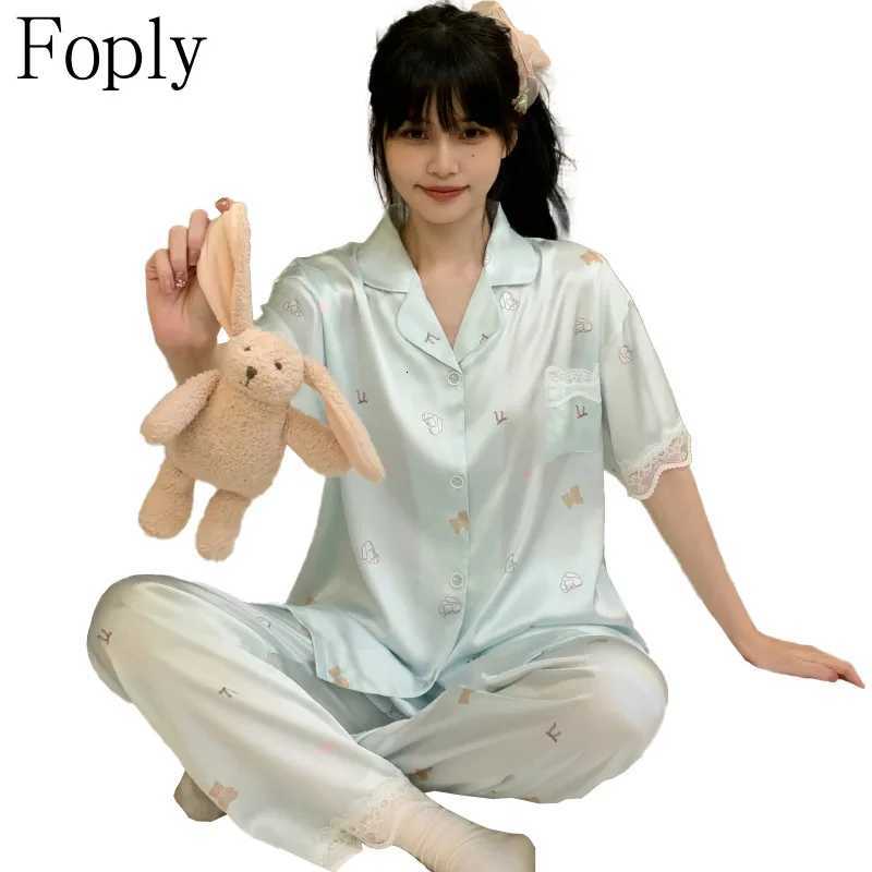 Cartoon Print Women Pajamas Set Spring Summer 2 Piece Pyjama Satin Silk Sleepwear Shortsleeve Top Pants Pijama Pjs Loungewear Z250925