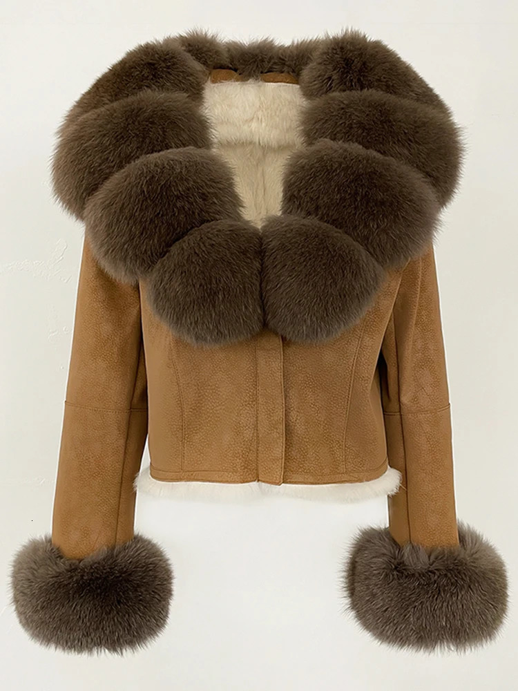 OFTBUY Fashion Short Autumn Winter Fur Clothing Real Rabbit Fur Liner Suede Jacket Women Natural Fox Fur Collar Coat Female 250917