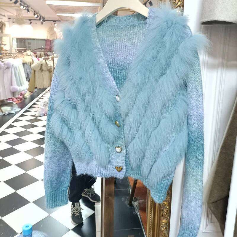 2025 Women Autumn Short Trim Knitted Cardigans Button Real Fox Striped Coat Outwear Female Sweater With Fur