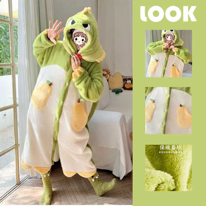 Cartoon Animal Fox Pajamas Womens Winter Coral Fleece Thickened OnePiece Plush Cute Long Hooded plus Size Robe Home wear Z250925