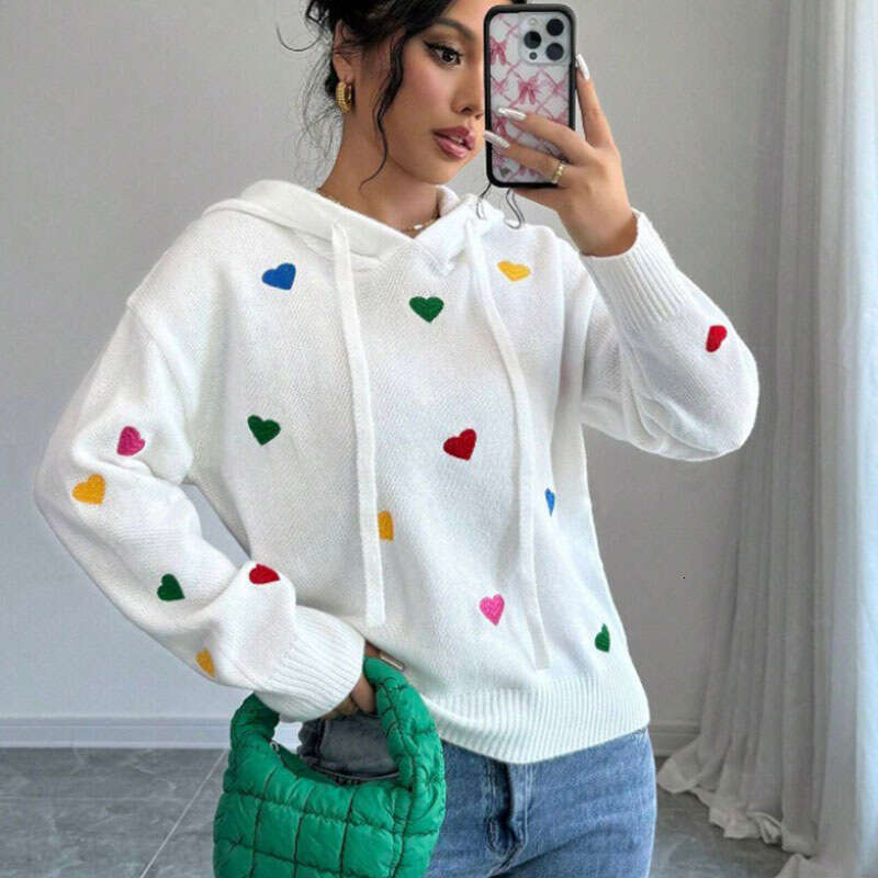 Autumn and Winter Women's Sweater Fashion Colorful Heart Jacquard Hooded Long Sleeve Knitwear