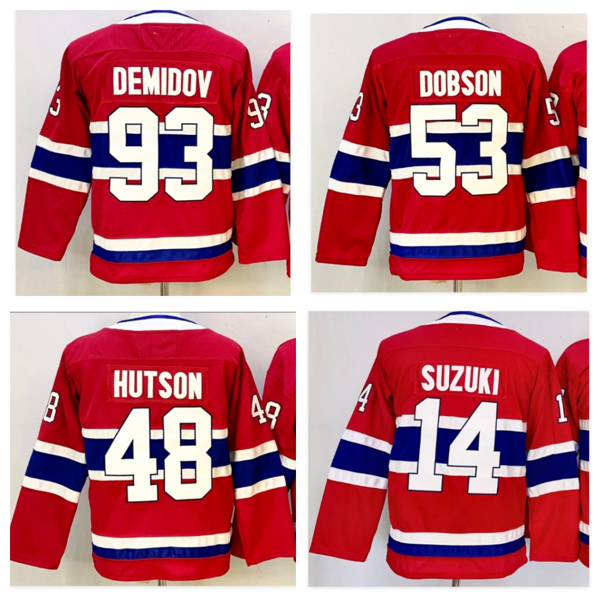 Youth Hockey Jerseys Demidov 93 Suzuki 14 Dobson 53 Hutson 48 Caufield 13 Slafkovsky 20 Home Red Color S/M L/XL Stitched Kids Jersey