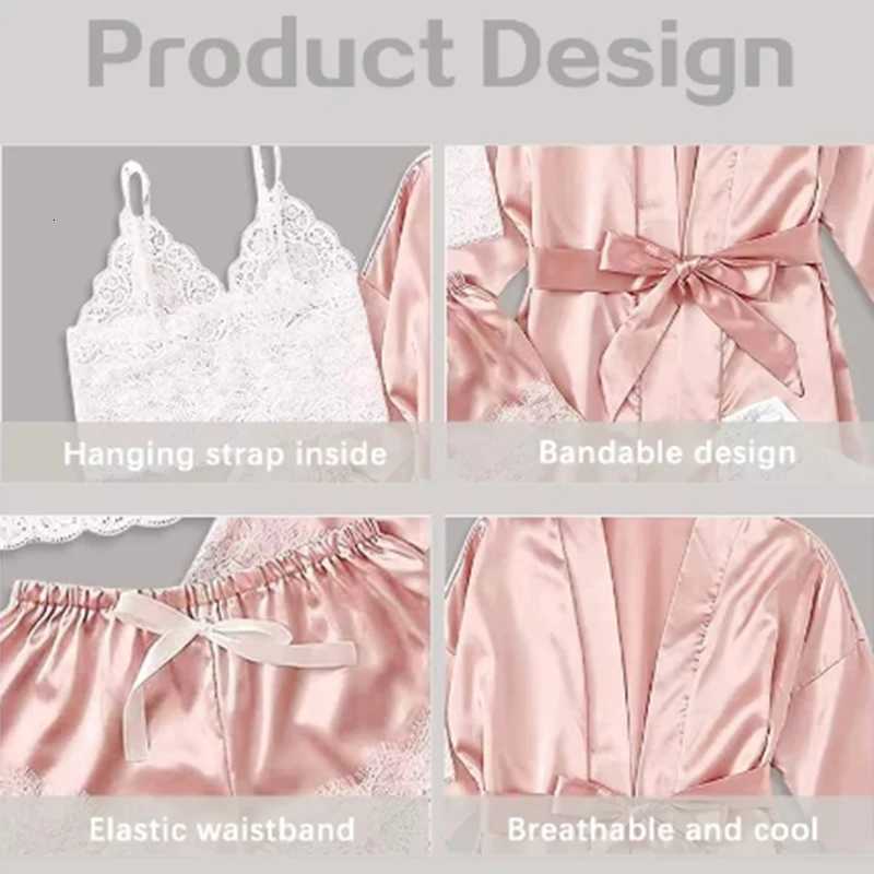 Womens Summer Sexy Pajama Pants Set 4 Pieces Lace Satin With Silk Sleepwear Robe Fashion And Comfortable Nightwear Z250925
