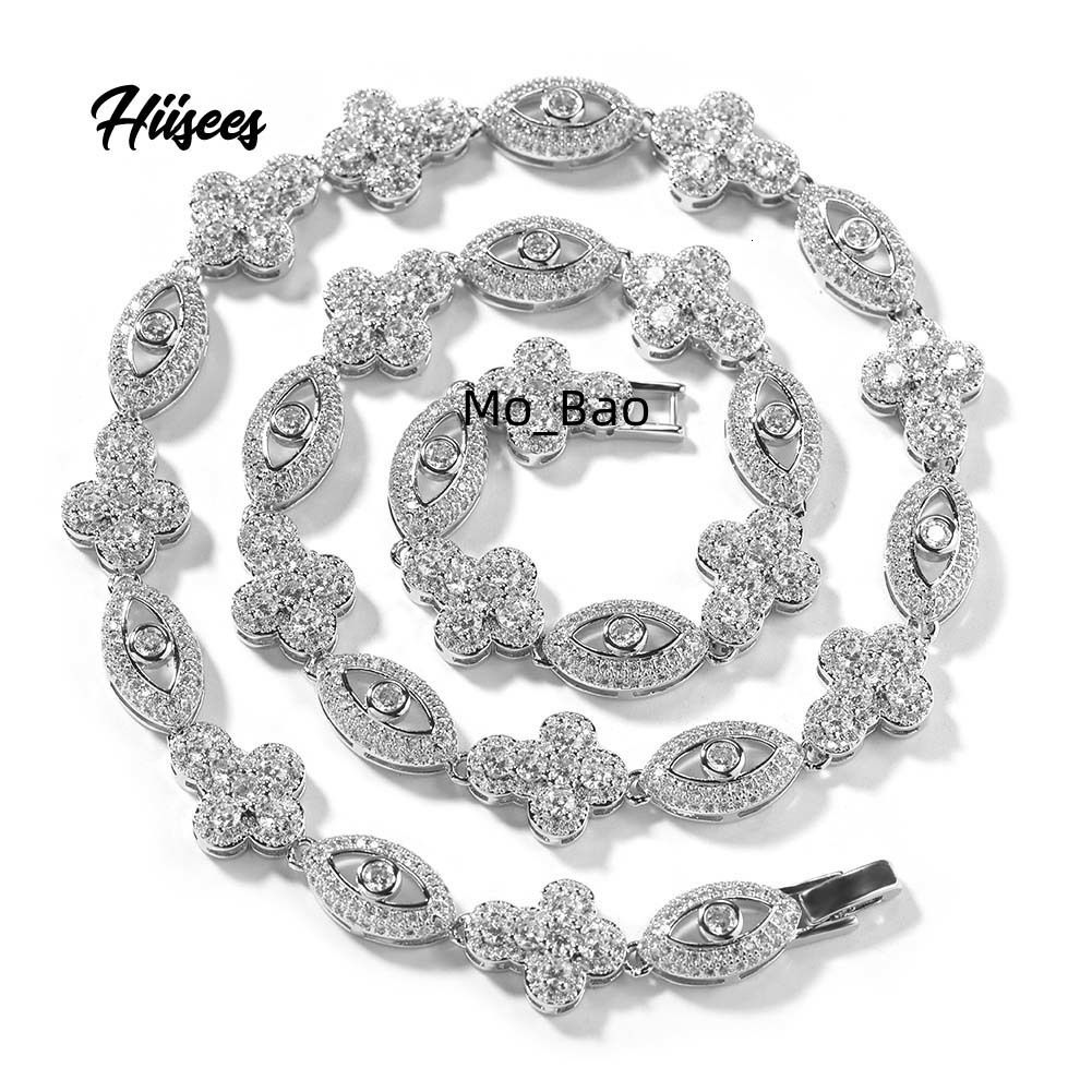 Hip Hop Jewelry Men White Gold Plated 13mm Brass Necklace Rhodium Paved Iced Out Zircon Cross Evil Eye Cuban Link Chain