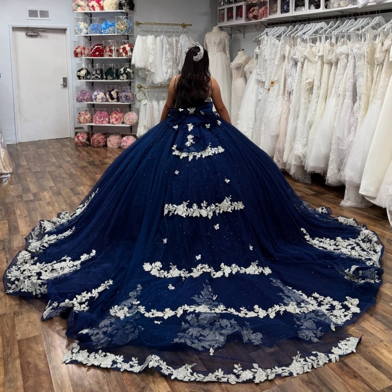 Navy Blue Shiny Quinceanera Dresses Spaghetti Strap Applique Lace Beading Corset Tull Party Birthday Sweet 16 Dress Vestidos 15 De Anos