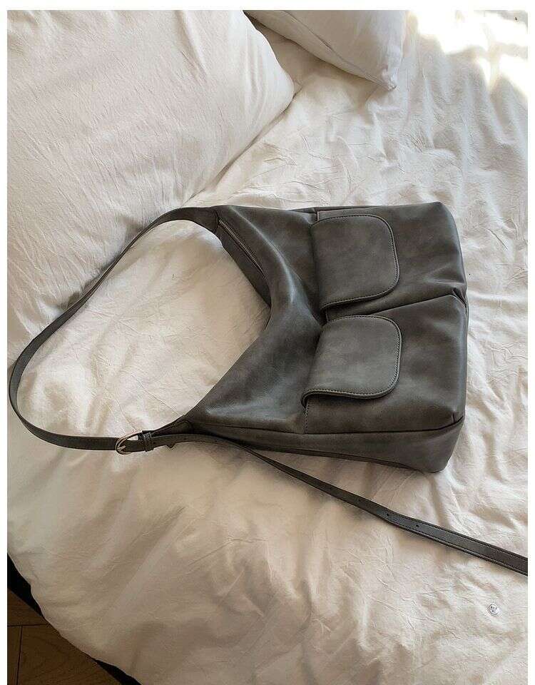 Fall And Winter Korean Customized Double Pockets Lazy Soft Leather Shoulder Large Casual Satchel Fashionable Versatile Leisure Daily