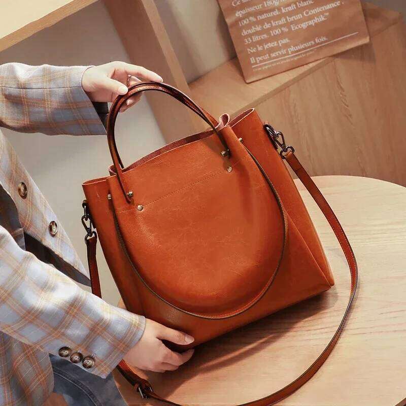 Women's Cow Genuine Leather Handbags Vintage Retro Cowhide shoulder Bag Ladies large capacity multiple Pockets Lady