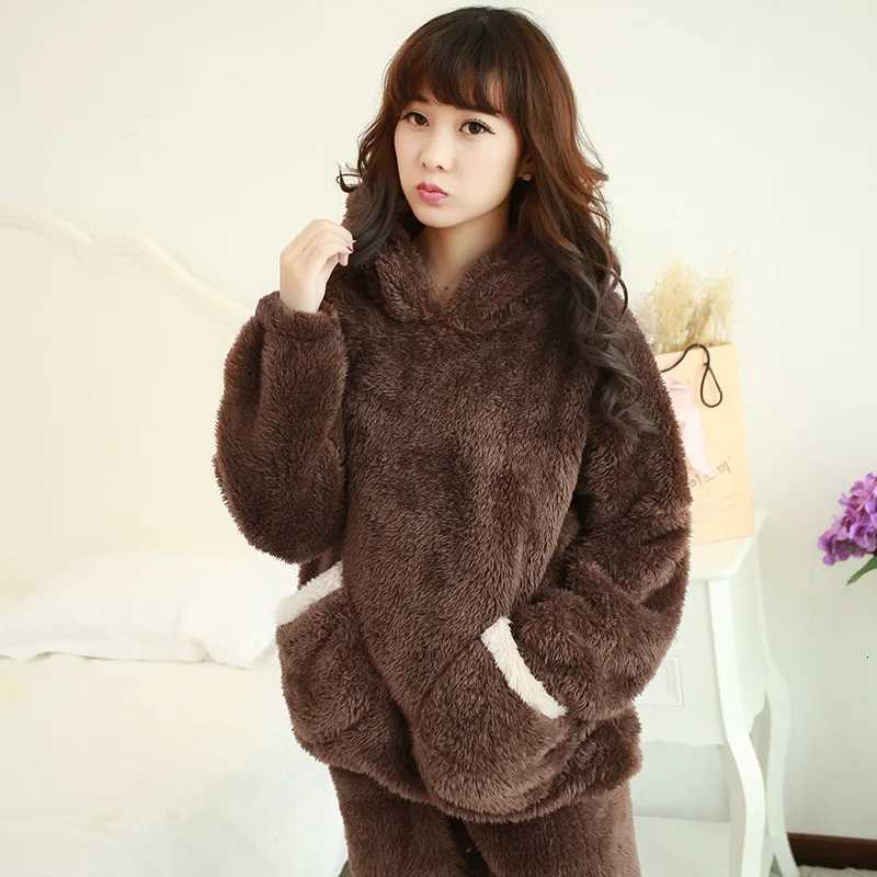 Thickened Warm Autumn Winter Women Cartoon Plush Hooded Bear Sleepwear Ladies Flannel Homewear Set Solid Nightwear Loungewear Z250925