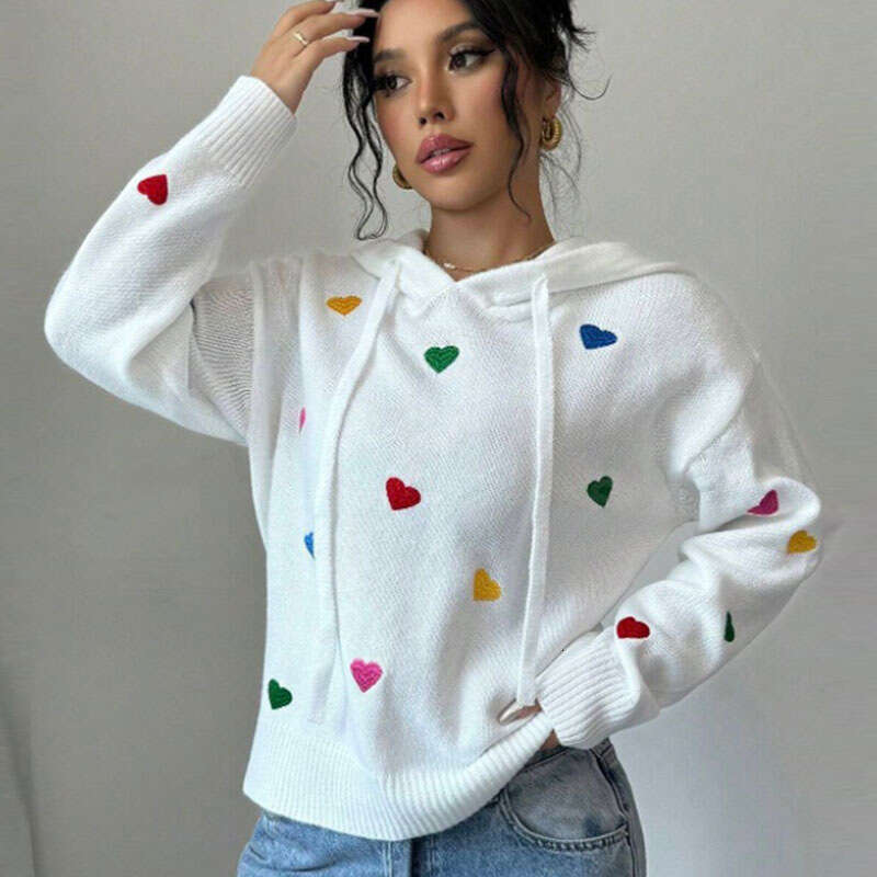 Autumn and Winter Women's Sweater Fashion Colorful Heart Jacquard Hooded Long Sleeve Knitwear