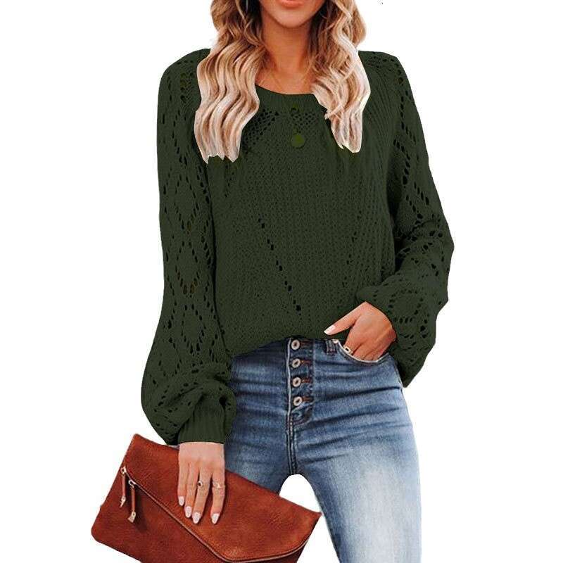 Autumn Winter New Hollow Pattern Knitted Sweater Round Neck Solid Color Loose Fashion Pullover
