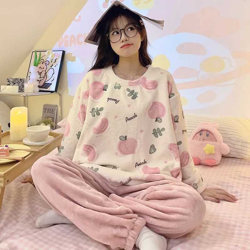 Womens Autumn Winter Flannel Thickened SweetCute Korean Style Coral Velvet Round Neck Sleepwear Home Suit Pajamas Set Z250925