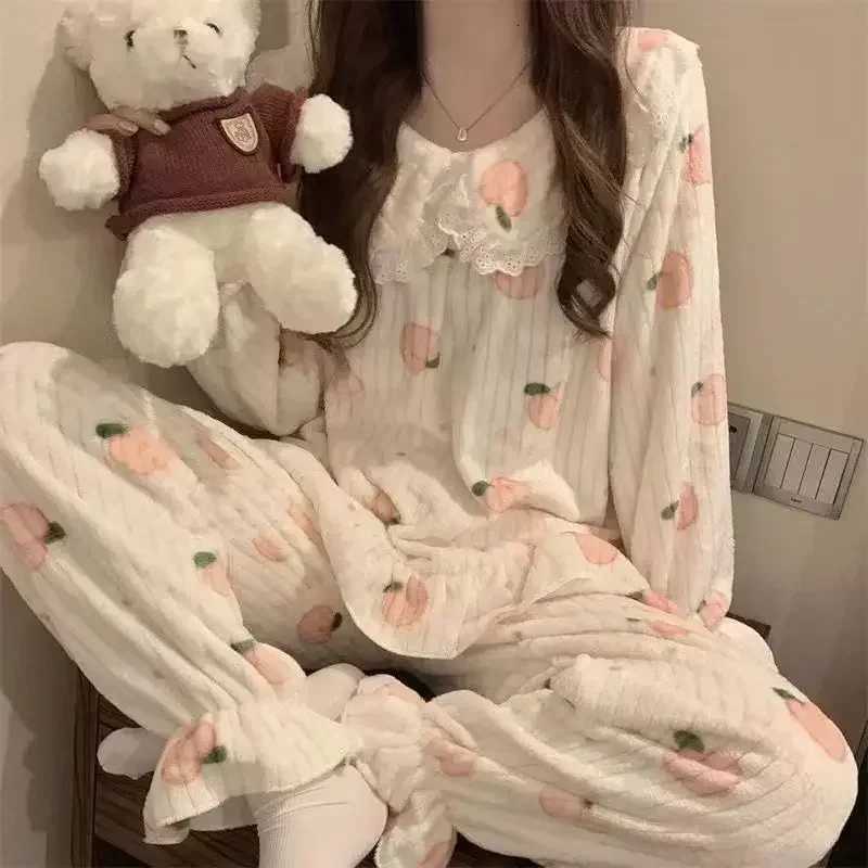 Ruffles Pajamas for Women Autumn Winter Peter Pan Collar Ruffle Sleeve Pajama Top and Elastice Waist Pants 2 Pcs Pajama Sets Z250925