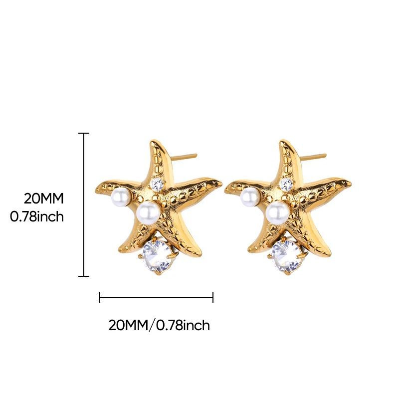 European & American Fashion Statement Starfish & Flower Earrings-Women's 18K Gold-Plated Stainless Steel Earrings with Pearl Inlay & Oil-Pressed 