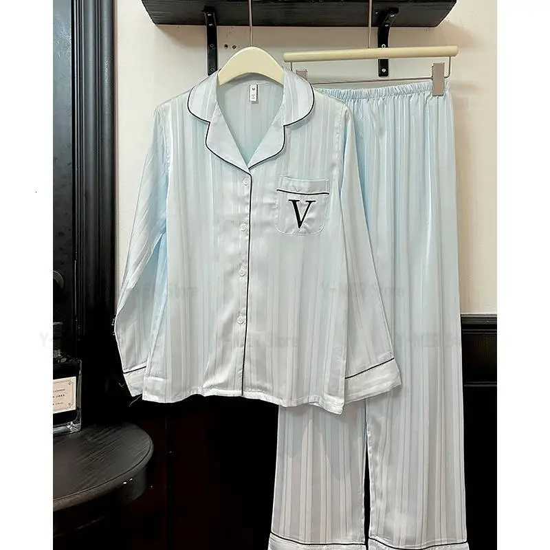 Embroider Letter Pajamas 2Pcs Loungewear Lady Soft Silk Satin Shirtpants Blue Striped Home Clothes Long Sleeve Pyjamas Femme Z250925