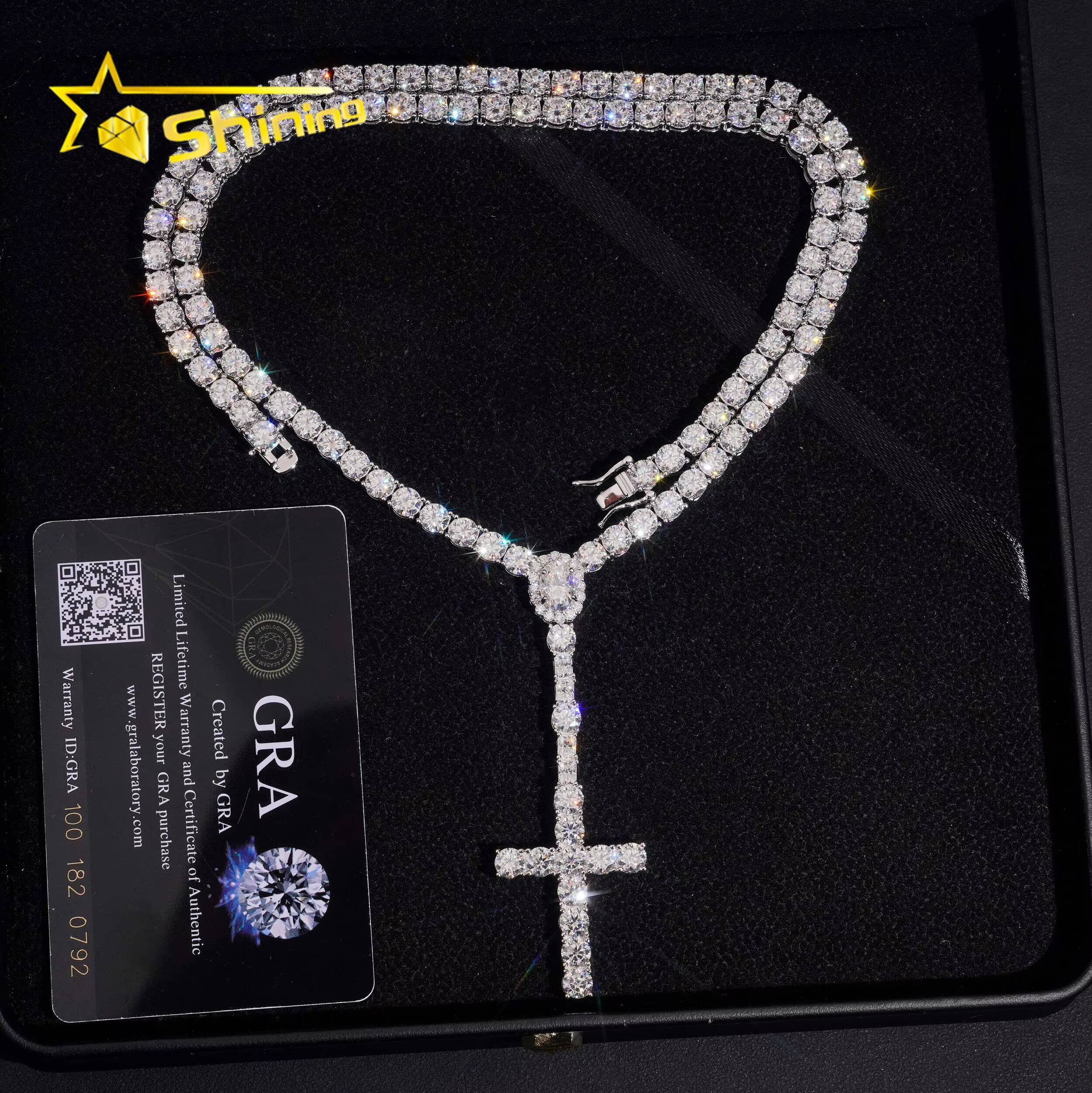 Hot Sale 5mm Moissanite Tennis Chain Necklace 925 Sterling Silver Gold Plated Pass Diamond Test Moissanite Cross Charm Necklace