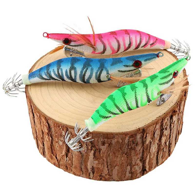 5pcslot Fishing Wood Shrimp Luminous Squid Octopus Lure 3D Eyes Fishing Lure Hard Bait Wobbr Squid Jig Lure W250926
