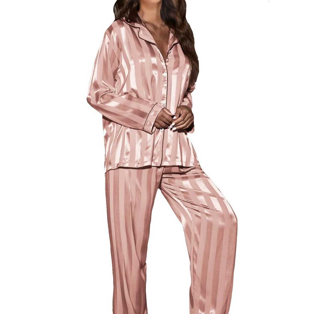Stripe Long Sleeve Trouser Pijamas Suit Women 2PCS Pajamas Set Sleepwear Spring Summer Satin Nightwear Loose Homewear Loungewear Z250925