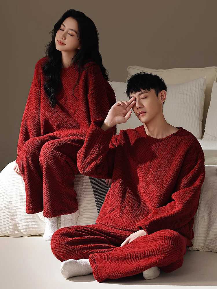 DAIMELU red wedding couple pajamas womens autumn and winter coral fleece thickened mens loungewear suit male sleepwear set Z250925