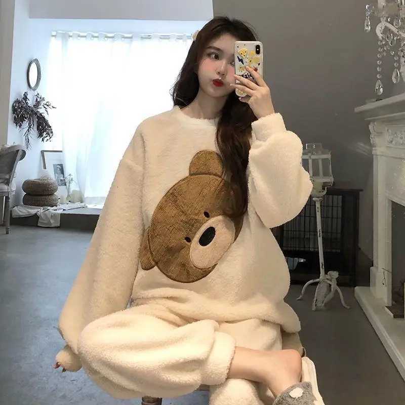 Women Autumn Winter Two Pieces Sets Warm Flannel Homewear Thickened Trousers Longsleeved Pajama Coral Oneck Loose Cute Cartoon Z250925